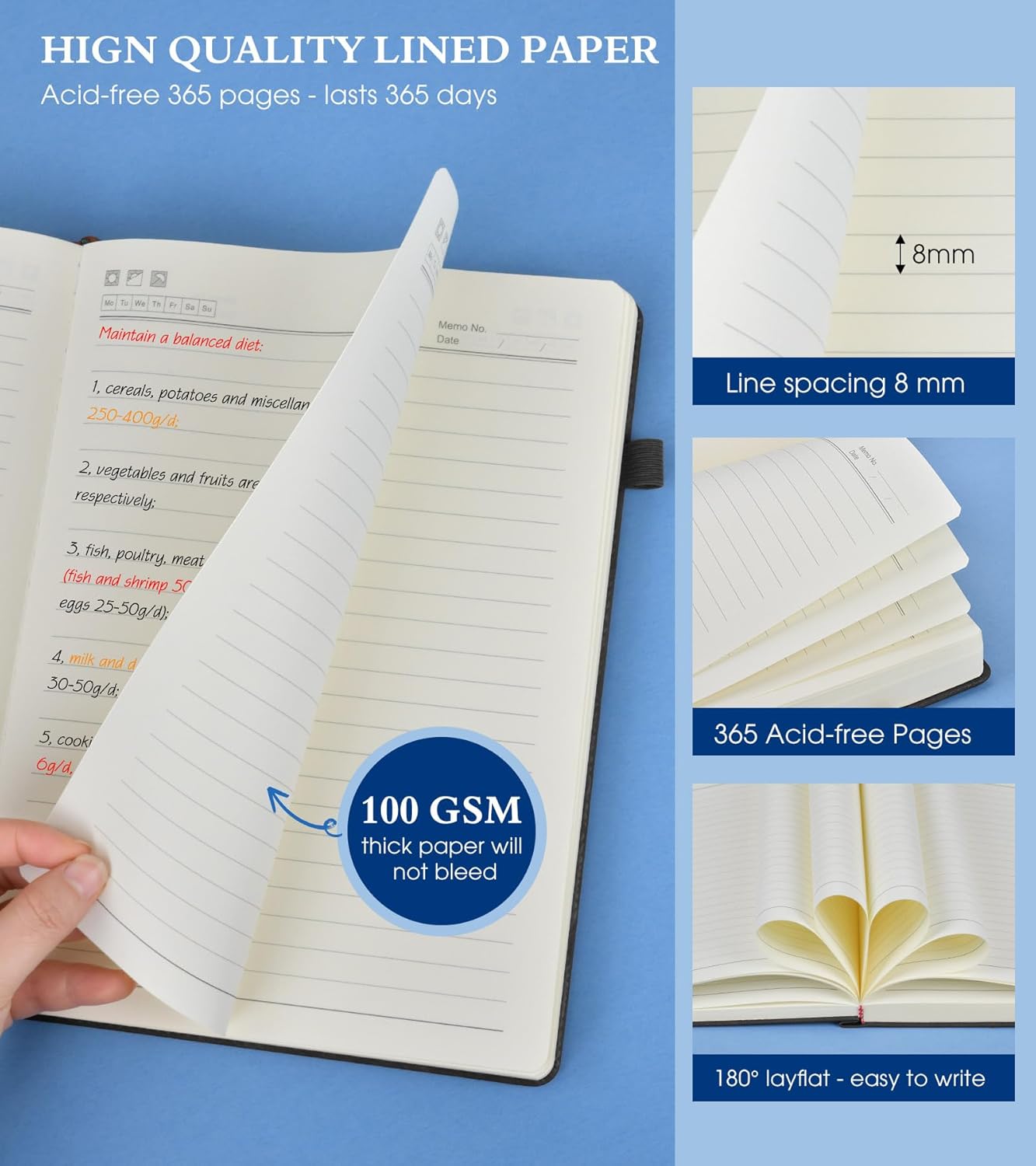 A5 Lined Journal Notebook - 365 Page Leather Journals for Writing Women & Men，Hardcover Notebook with 100Gsm Thick Pages，Daily Diary for Travel, Work，School，Note Taking，College Ruled (5.9" x 8.5")