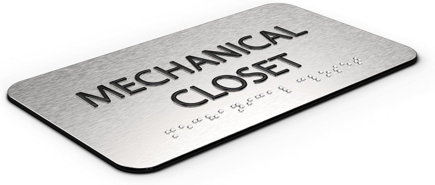 ADASigns Mechanical Closet Sign 7" W x 4" H - Durable Brushed Aluminum with Grade 2 Braille - Easy Installation with Strong Double-Sided Tape - ADA Compliant Office Door Signs for Businesses & Offices