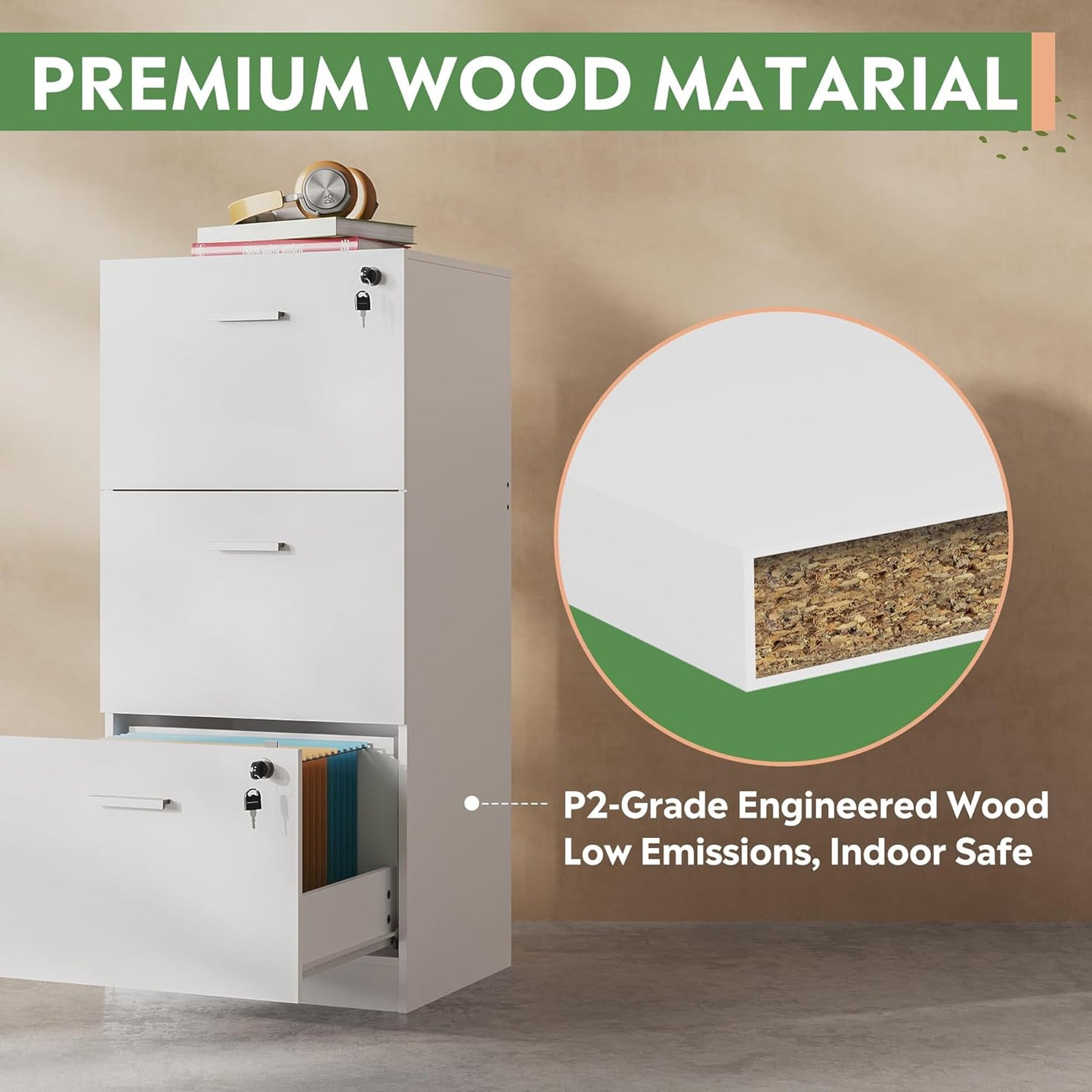 DEVAISE 3 Drawer File Cabinet with Lock, Vertical Wood Filing Cabinet for Home Office, Printer Stand for Letter and A4 Size, White