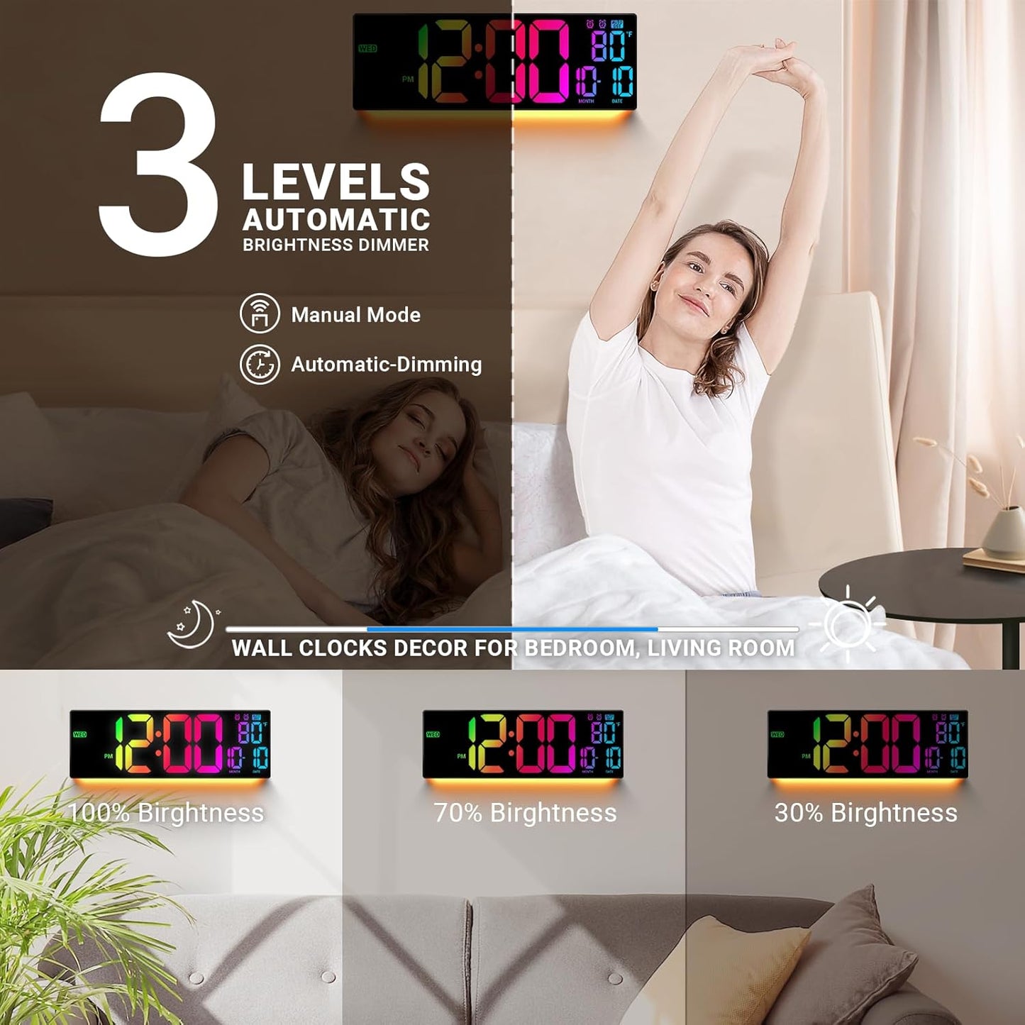 16.5" Large Digital Wall Clock: 11 RGB Colors Wall Mount Decor Clock for Living Room Bedroom Office Classroom, House Warming Gifts New Home Decor, Birthday Gifts for Men Women Black