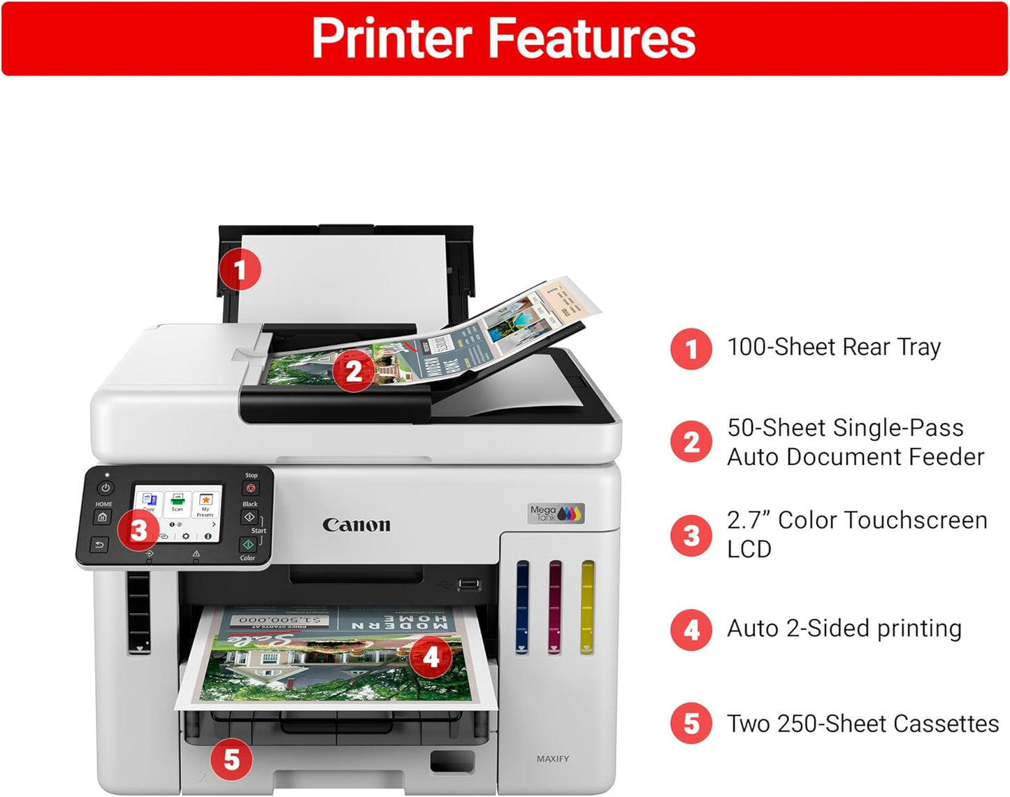 Canon Megatank GX7120 Wireless All-in-One Printer, Print, Copy, Scan and Fax with 2.7" LCD Touch Screen and Auto Document Feeder, White