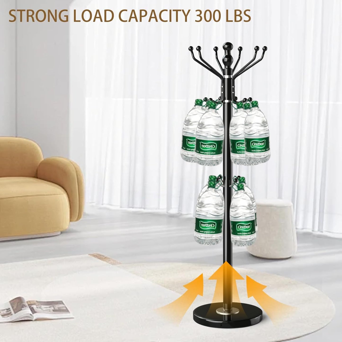 Metal Modern Coat Rack Stand, Sturdy Freestanding Coat Rack with Natural Marble Base, Coat Racks and Coat Hall Tree Hanger Stand for Entryway, Hallway, Office (16 Hooks-Black)