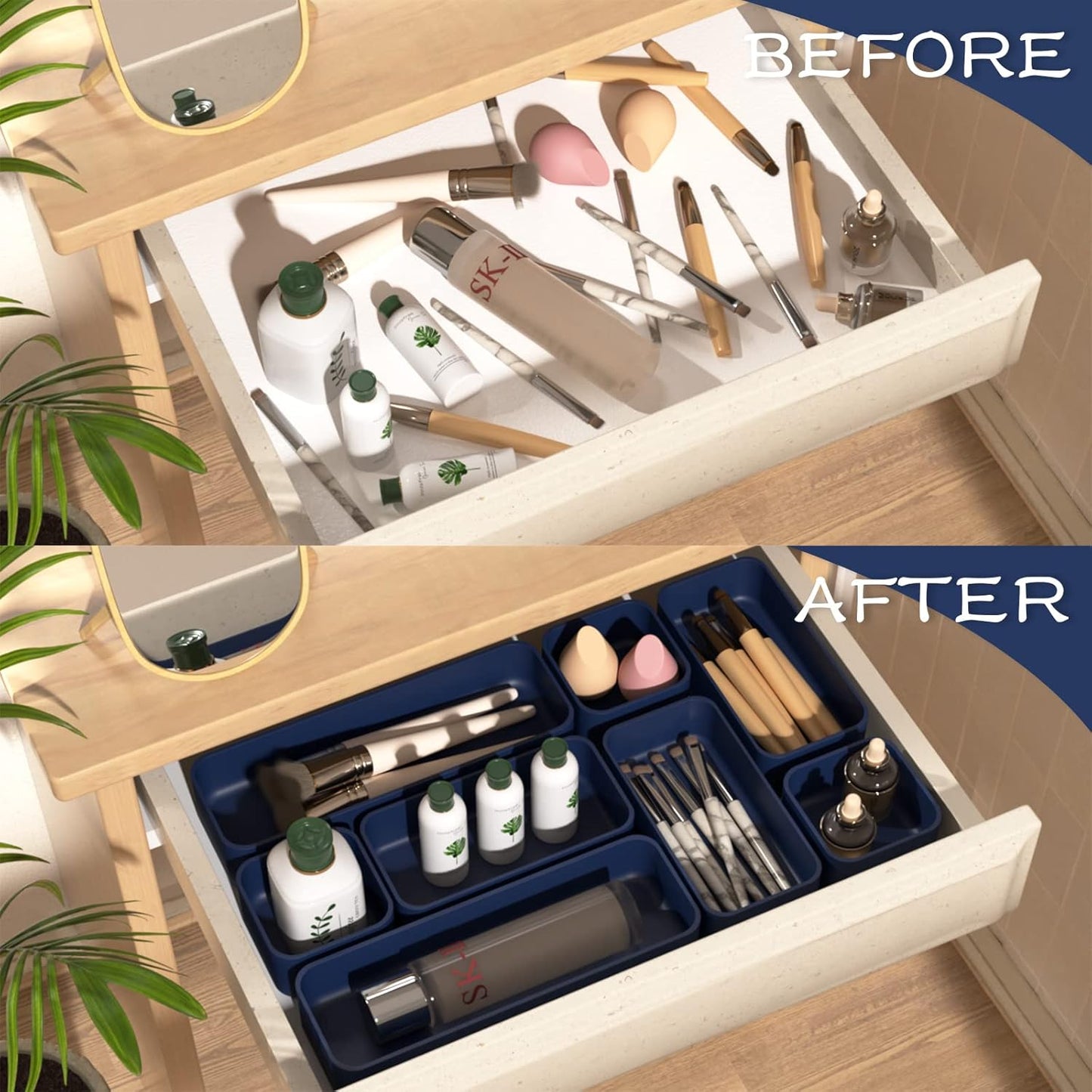 CHANCETSUI 6 PCS Stackable Drawer Organizers Set, Versatile Desk and Vanity Drawer Organizer Trays, Storage Bins for Makeup, Bathroom, Bedroom, Kitchen and Office, Blue