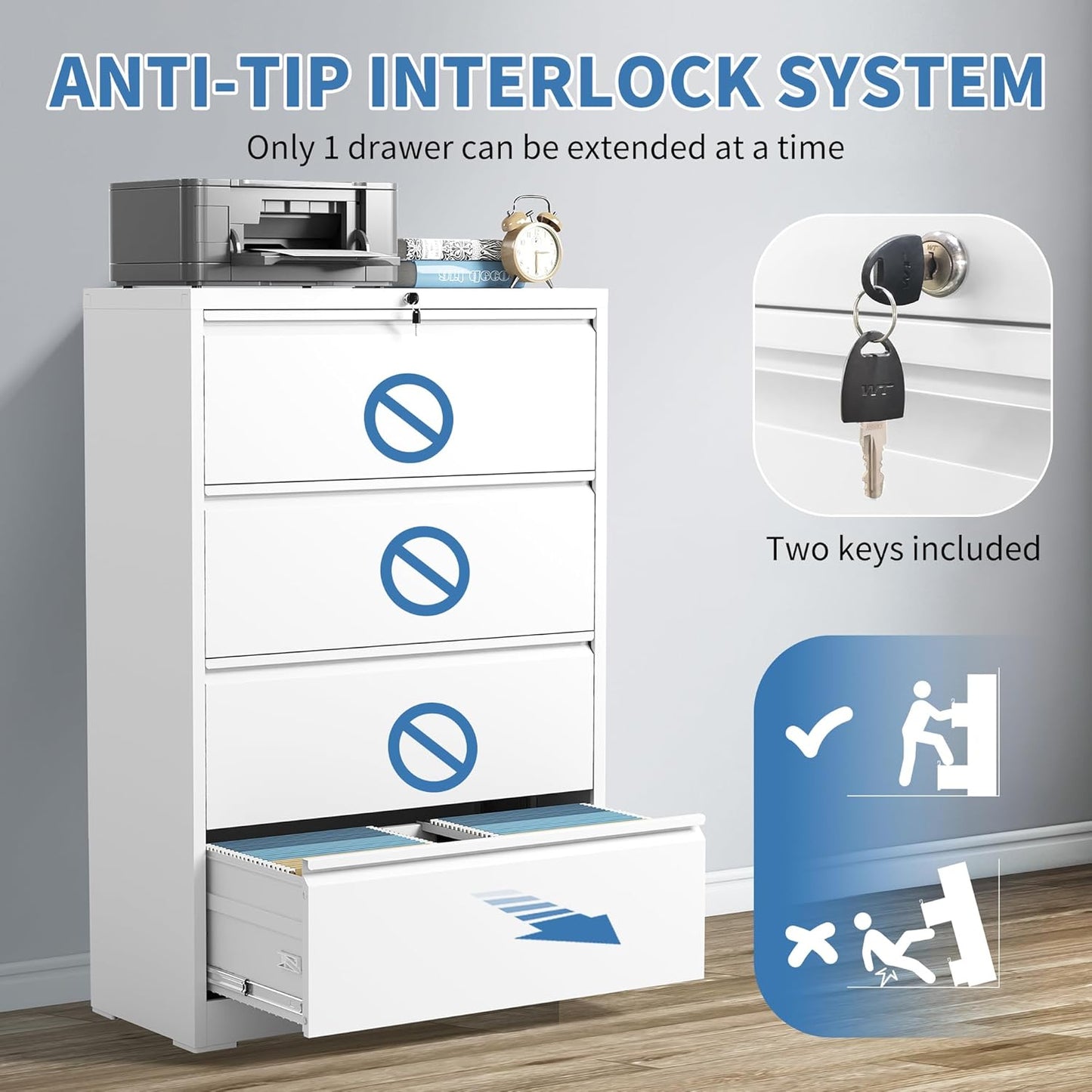 File Cabinets 4 Drawer,Metal Office Storage Filing Cabinet with Lock,White Lateral Filing Cabinet for Home Office,Horizontal Locking File Cabinets for Legal/Letter/A4,Assembly Require,White