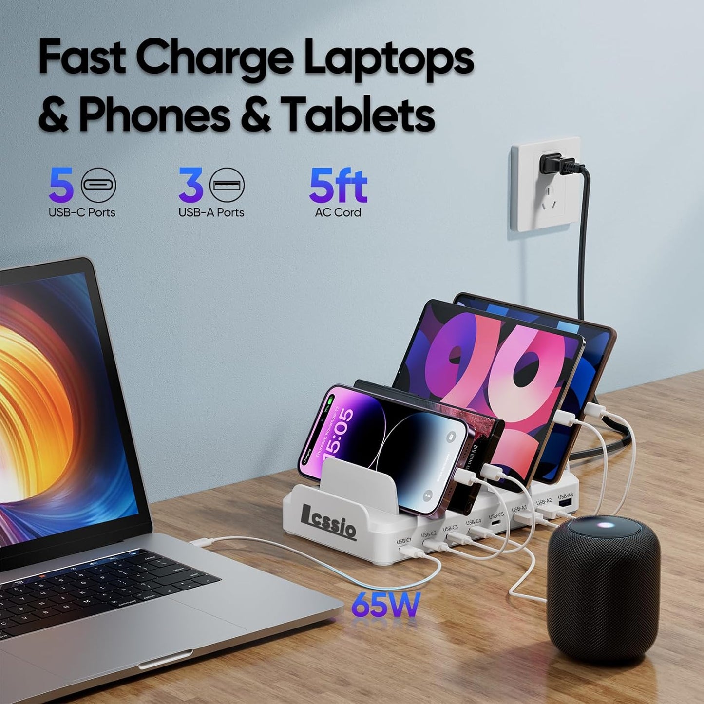 300W Charging Station for Multiple Devices, 8 Port Multi USB C Fast Charger Station Dock for MacBook iPhone 16/15/14/13/12 Samsung Pixel Series iPad, White (6 Mixed Short Cables Included)