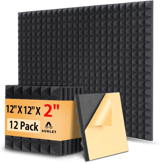 12 Pack Sound Proof Foam Panels for Walls 2" X 12" X 12" Pyramid Acoustic Foam Panels with Self-Adhesive High Density Sound-Absorbing and Soundproof Wall Panels