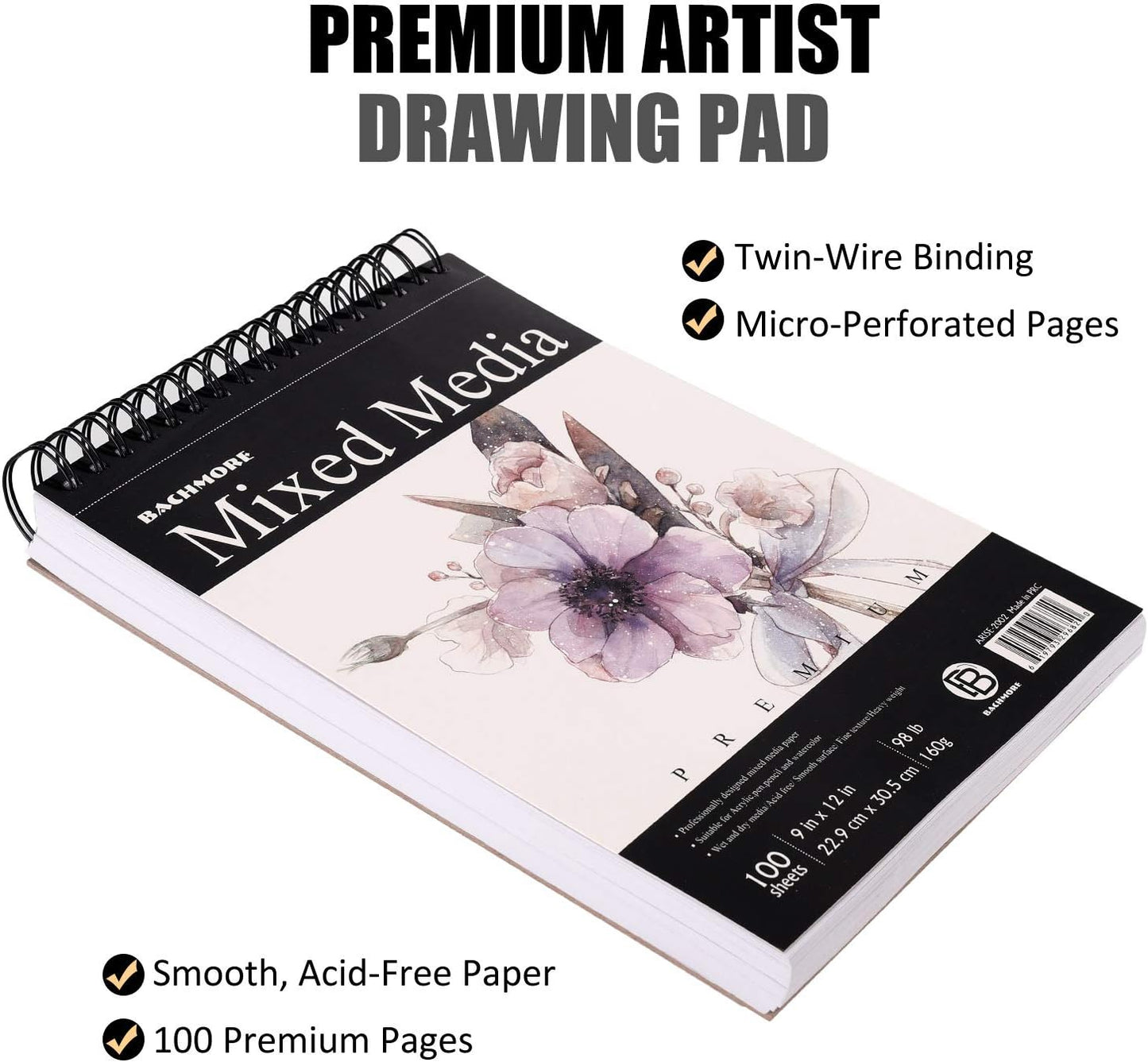 Bachmore Sketchpad 100 Sheet, Watercolor, Acrylic Art Pad for Sketching, Ink Sketch Book, Coloring Notebook - 98 Ib/160 g/m2 in Multi-Media Spiral Notebook, Drawing Paper, Drawing Pad (9'' X 12'')