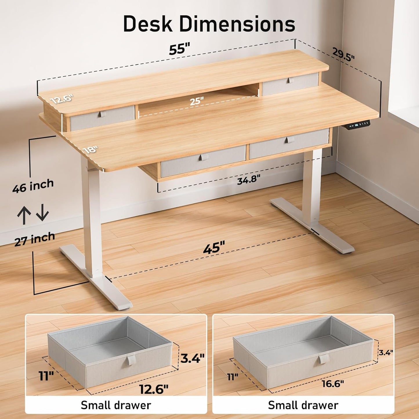 55 * 30 Inches Electric Standing Widened Desk Adjustable Height with 4 Drawers, Double Storage Shelves, Home Office Workstation Sit Stand up Desk (Nature)