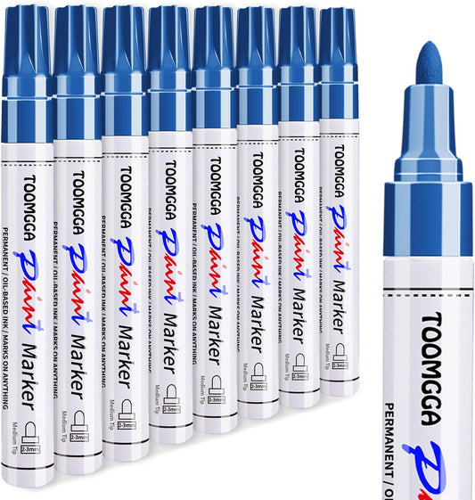 Permanent Paint Pens Blue Paint Markers 8 Pack Oil Based Markers, Quick Drying and Waterproof Marker Pen, Car Tire, Metal, Rock Painting, Wood, Plastic, Canvas, Craft Supplies for Adults