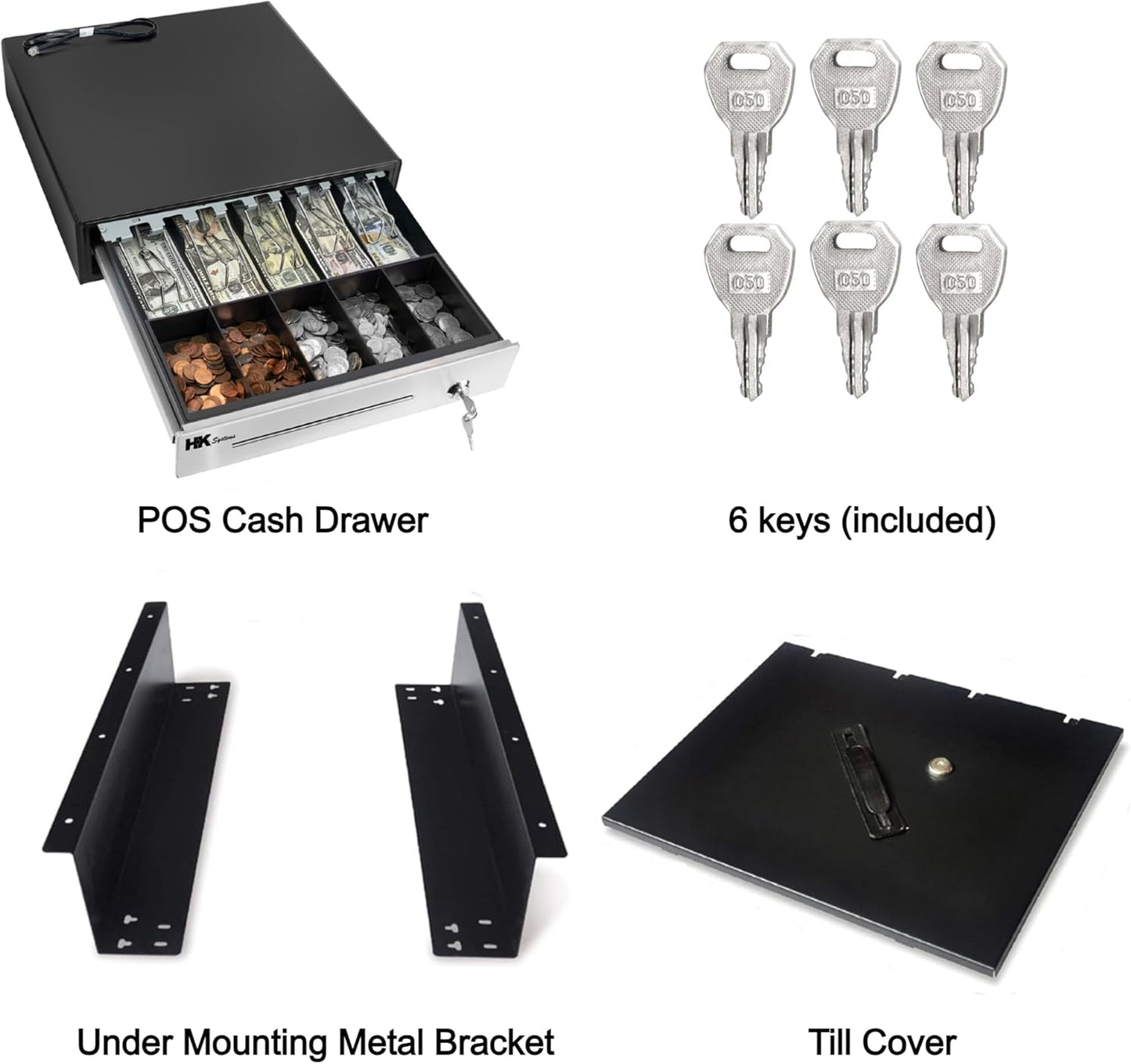 HK SYSTEMS 16""Stainless Steel" Front Heavy Duty Black POS Cash Drawer with 5Bill/5Coin with Under Counter Mounting Metal Bracket and Till Cover