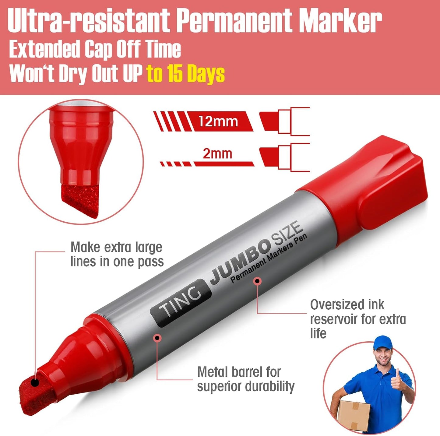 Fuutreo 10 Pack Jumbo Permanent Markers Bulk Large Chisel Tip Permanent Markers Quick Drying Waterproof Big Huge Poster Pens for Office, Logistics Company and More(Red)