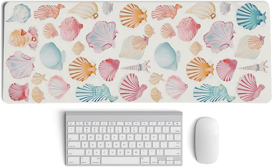 Ocean Themed Mouse Pad,Colorful Seashells Mouse Pad,XL Large Ocean Beachy Seashell Desk Mat,Girly Summer Coastal Gaming Pads,Girly Laptop Desk Mat,Summer Beachy Desktop Decor Art,31.5x11.8