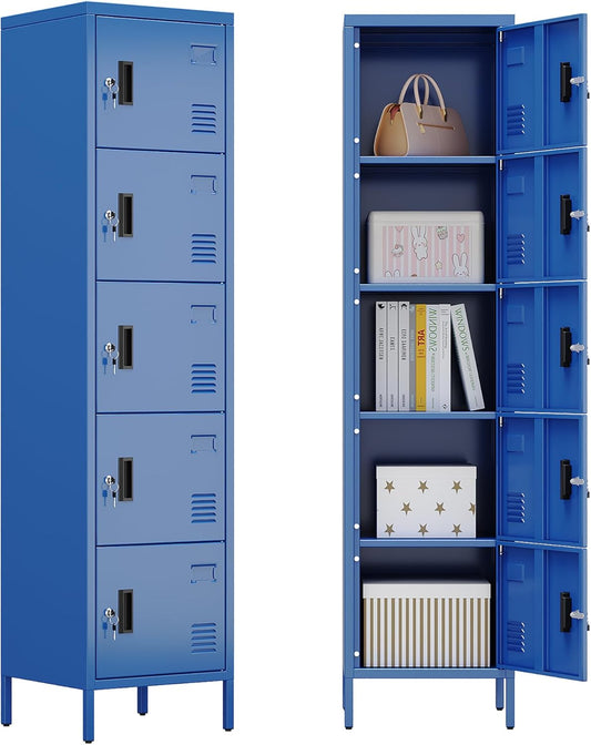Aobabo 16" W 5 Door Metal Storage Locker with Lock, 66" H Steel Locker with Name Card Holder and Metal Leg for School, Home, Office, Playroom, Assembly Required, Blue
