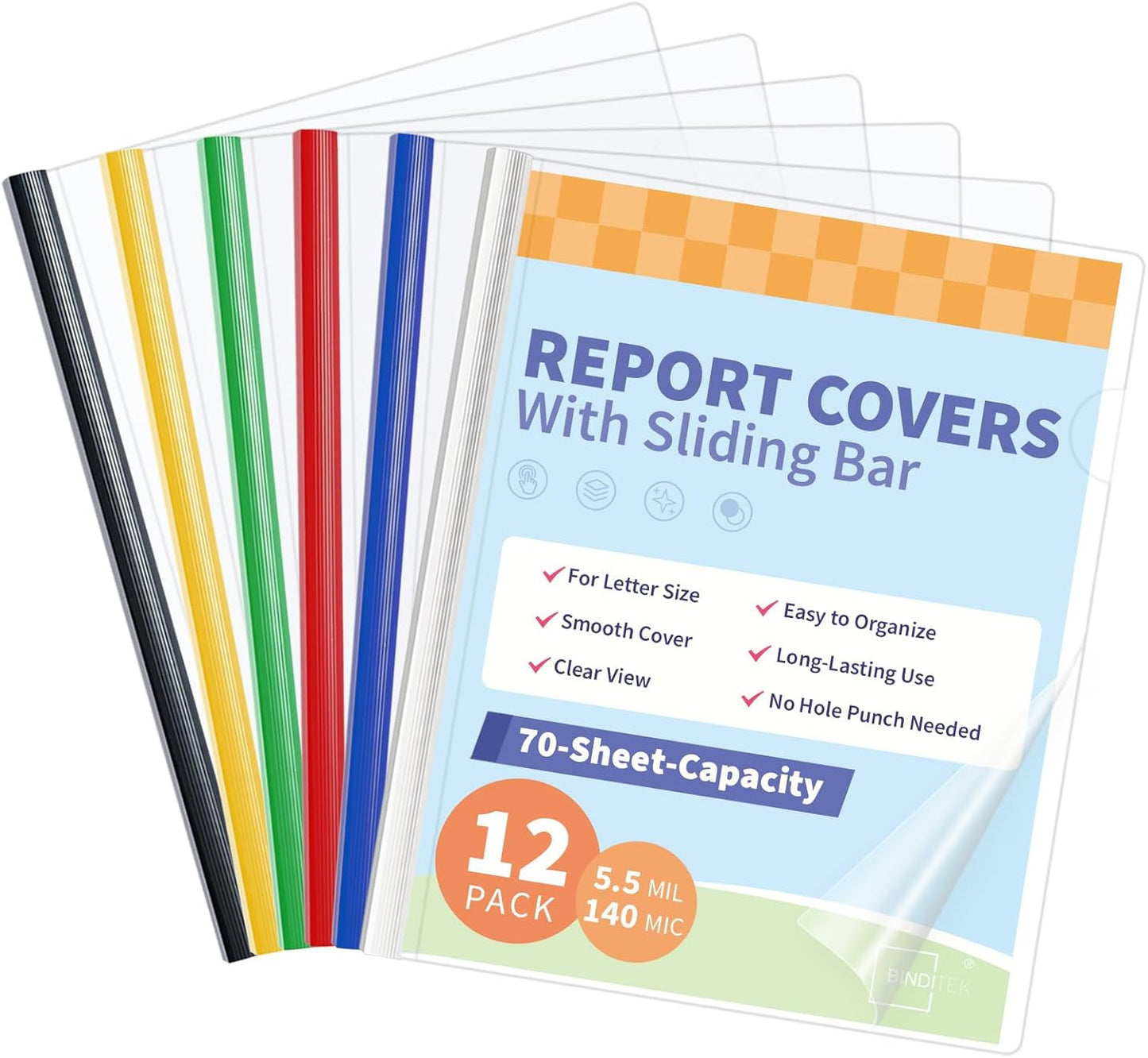 Binditek 12 Pack Clear Report Covers with Sliding Bars, 9mm Sliding Bar File Folder, 70 Sheet Capacity, Letter Size, Multi Color (White, Yellow, Red, Green, Navy, Black), Office Supplies