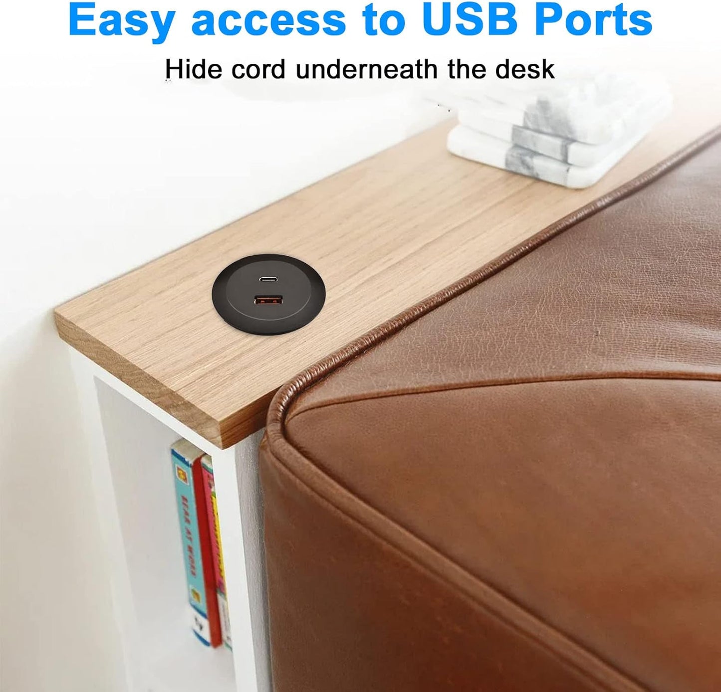 Desk USB Power Grommet Outlet, Built-in 1 USB-A and 1 USB-C Ports, USB Hub for Sofa, Couch, Table, Bedside, Workbench, Office, Home, 5 FT Power Cord