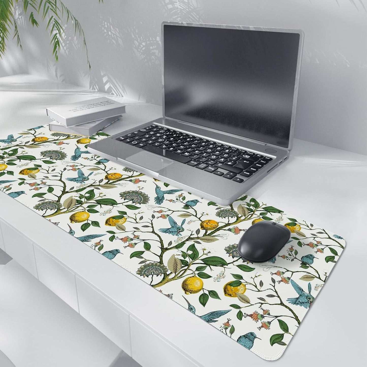 Lemon Mouse Pad,Green and Yellow Italian Lemon Desk Mat,Vintage Cottagecore Floral Desk Mat,Girly Summer Mouse Pads for Dorm Home Office Desktop Decor,31.5x11.8 Inch