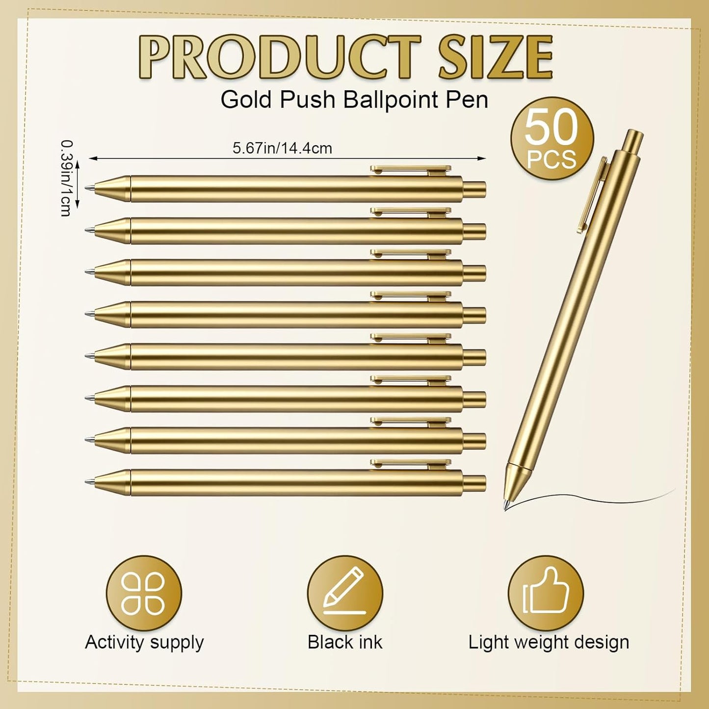 50 Pcs Gold Metallic Slim Ballpoint Pens Bulk Retractable Black Ink Medium Point (0.5mm) Smooth Writing Pens for Wedding Bridal Shower Business Office Students Teachers (Classic Style)