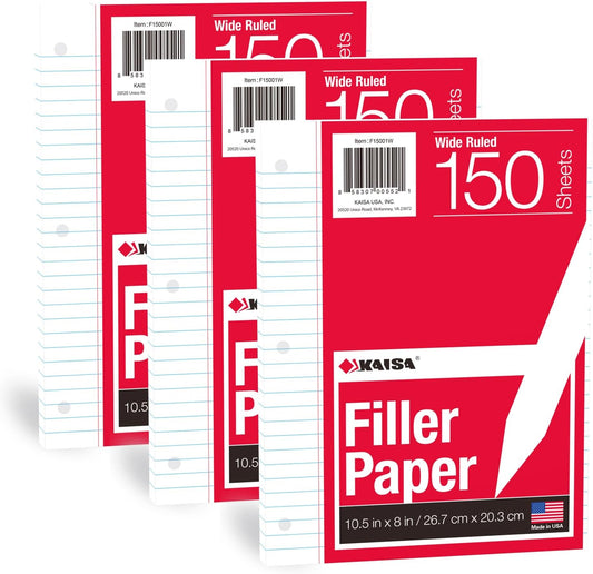 KAISA Filler Paper Loose Leaf Paper, Wide Ruled Paper, 8"x10-1/2", 3-Hole Punched Binder Paper For 3-Ring Binders,150 Sheets/pack 3Pack, F15001W