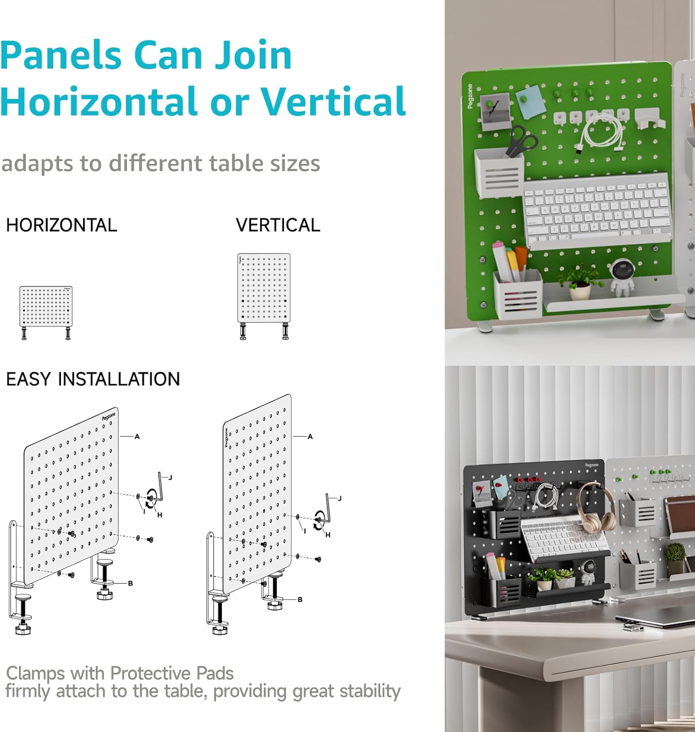 Clamp-on Desk Pegboard, Desk Organizer for Office Gaming Home, Magnetic Metal Peg Board with 15 Accessories, Privacy Panel for Office, 20.4" x 16.5", Large, White