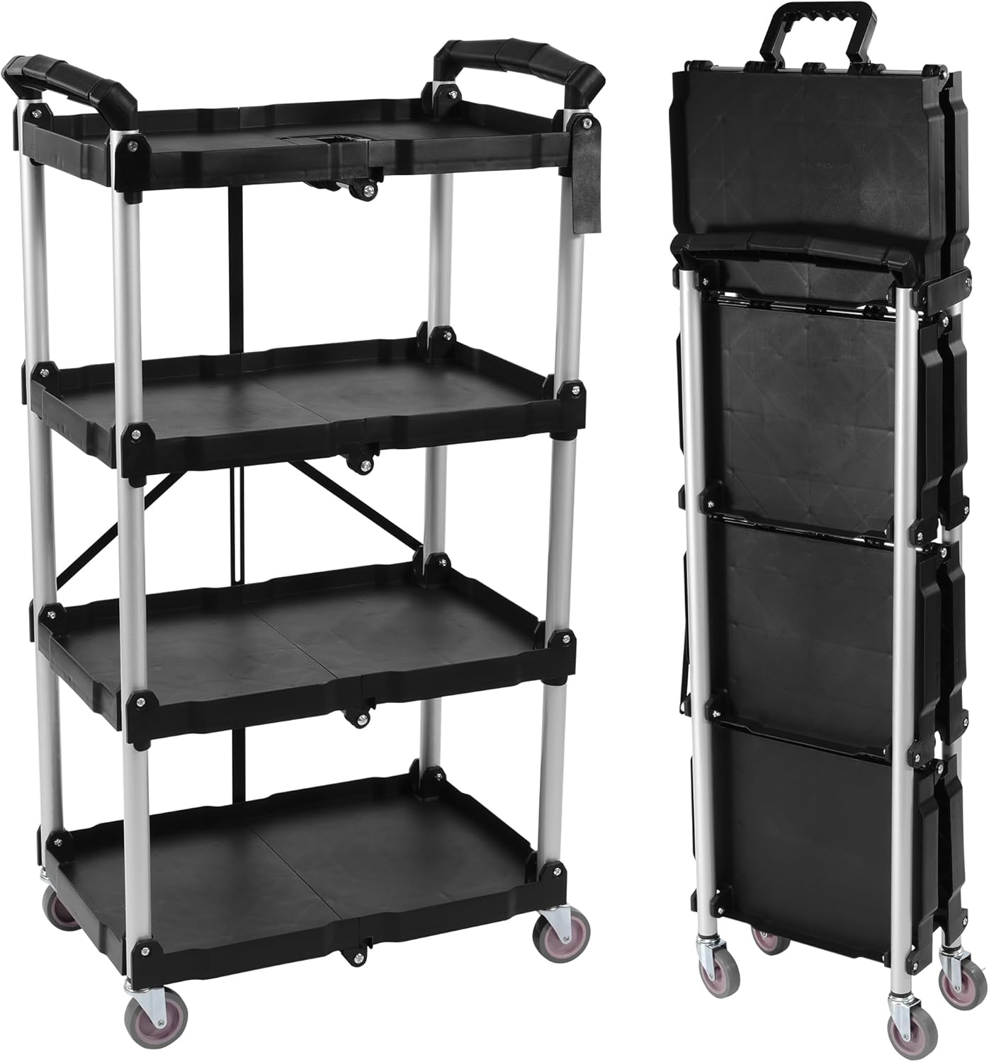 Folding Utility Cart, Portable Collapsible Service, 4 Shelf Heavy Duty Collapsible Tool with Wheels, Suitable for Office Warehouse Home, Black