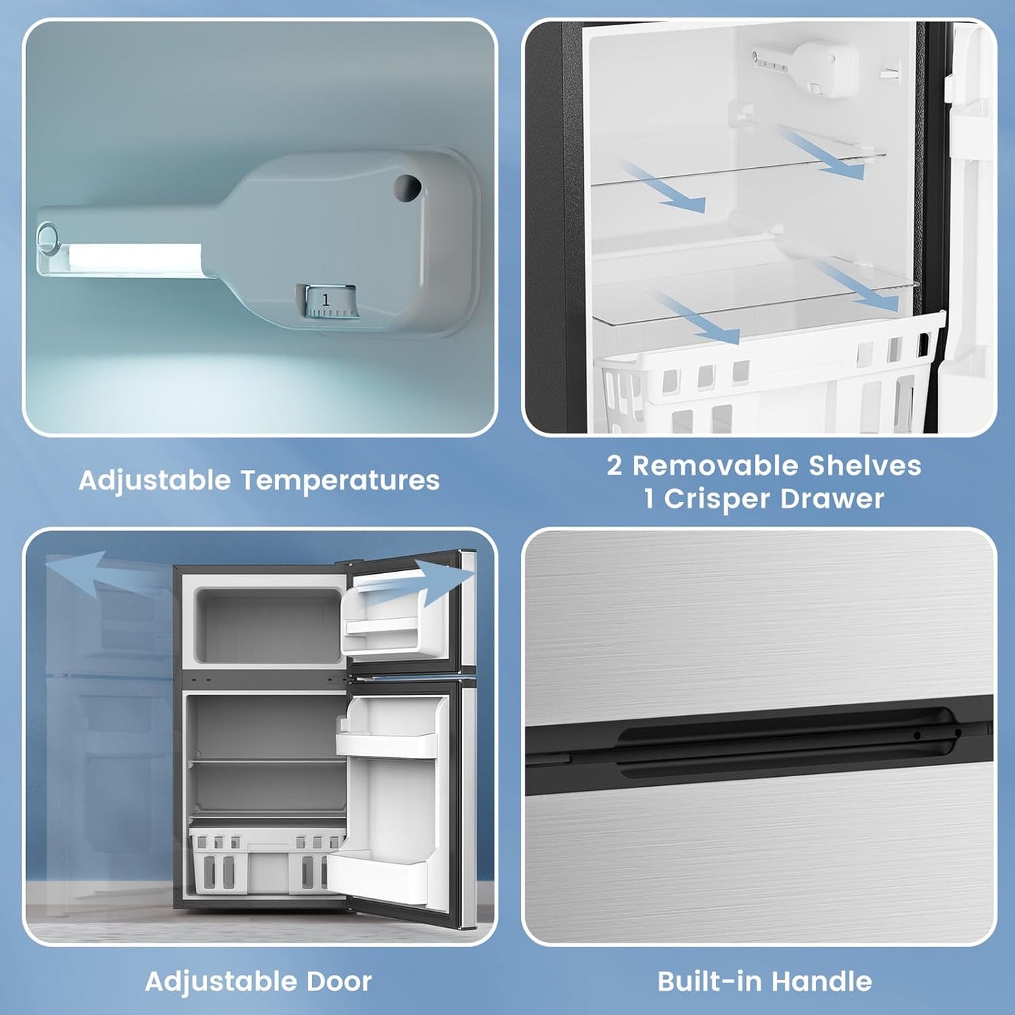 3.1 Cu.Ft Mini Fridge with Freezer, 2 Door Compact Refrigerator, Mini Fridge with Adjustable Removable Glass Shelves for Bedroom, Office, Dorm or Apartment, Stainless Steel