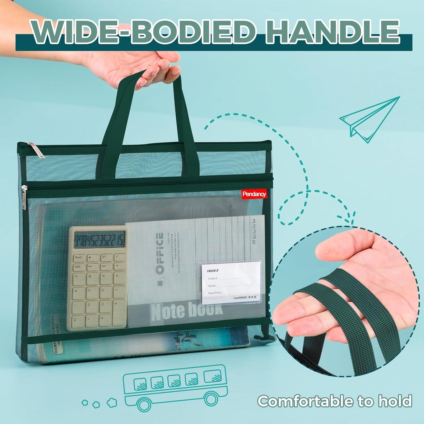 Pendancy Mesh Zipper Pouch A3 Size, Large Double Pocket Lightweight Nylon Transparent File Bag with Handle, 13x17 in Foldable Document Storage for Puzzle Project/Cross Stitch/Travel/Office (Green)