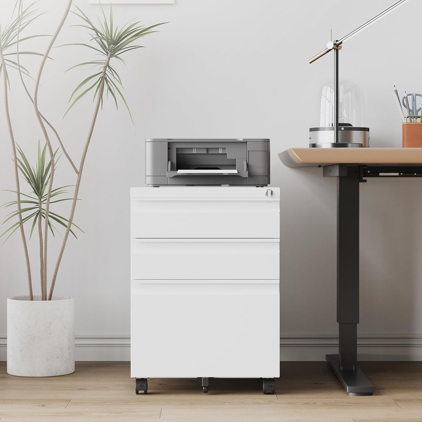 3 Drawer File Cabinet，Mobile Filing Cabinet with Lock and Wheels，Fully Assembled Metal Under Desk File Cabinets for A4/Letter/Legal Size（White