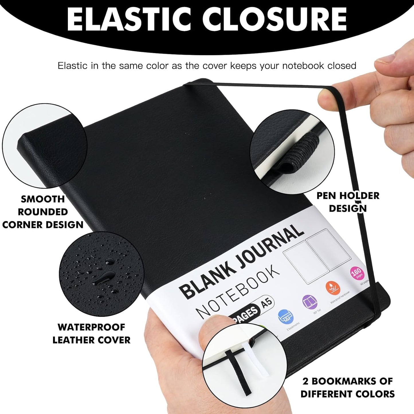 EOOUT Blank Journal Notebook for Women Men, 5.7'' X 8.3'' 160 Pages 100gsm Paper Black Leather Hardcover Notebooks, A5 College Blank Paper with Pen Loop Notebook for Student, Office, School