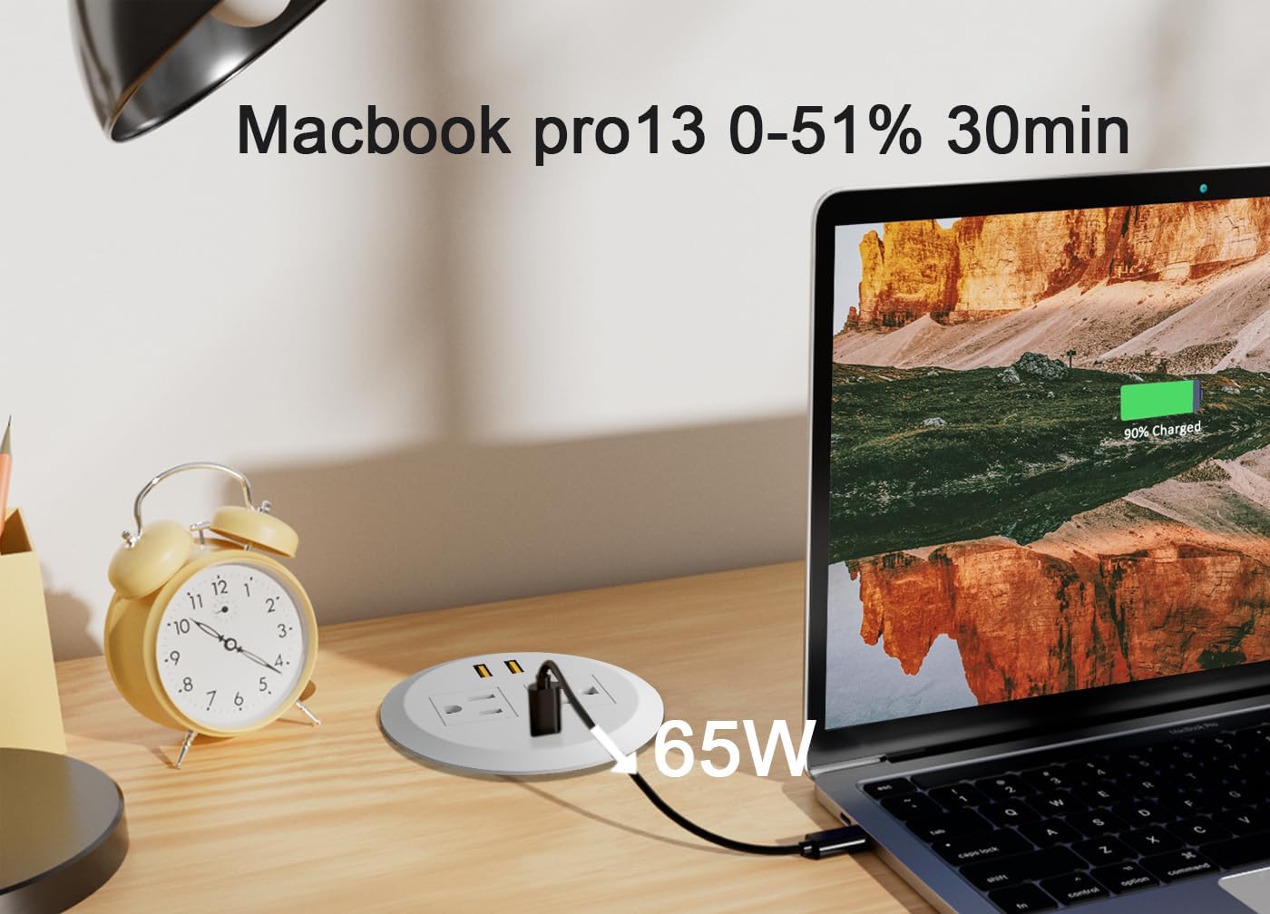 3 Inch Desktop Power Grommet,65W GaN USB C Fast Charging Station,3-USB Port,Flush Mounted for 3-1/8" Holes,Flat Plug.Round Recessed Desk Grommet Outlet for Workspace,Laptops,6.3ft,White