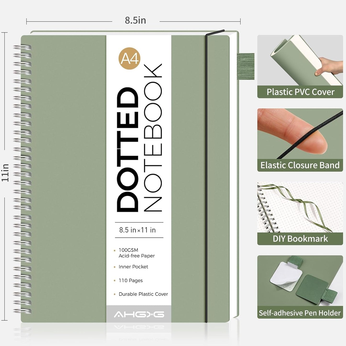 AHGXG Bullet Dotted Journal - Dot Grid Spiral Notebook 8.5" x 11", A4 Large Dotted Notebook, 100 GSM Thick Paper, Waterproof Plastic Cover Journals for Bullet Journaling, Sketching, Sage Green