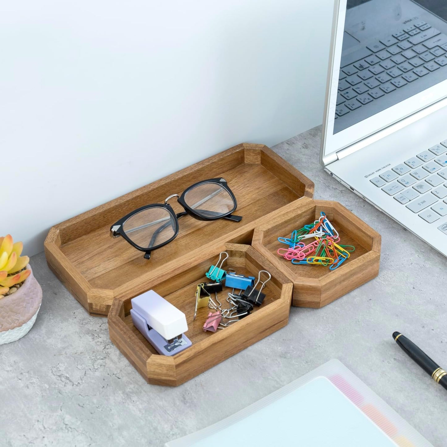 MyGift Premium Solid Acacia Wood Octagonal Desk Organizer Trays Office Stationery Holders, 3 pc Set