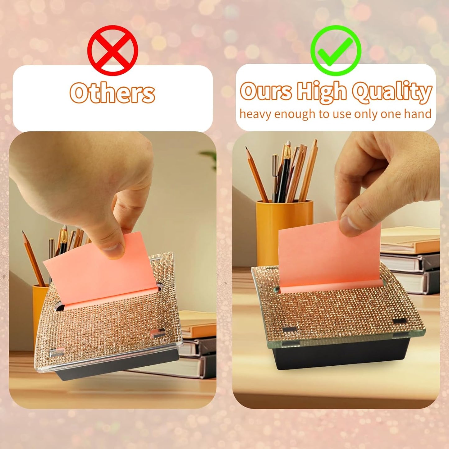 Rhinestone Self Sticky Note Holder Post it Note Dispenser Pop-Up Sticky Notes Dispenser 4 x 4 Inches Post it Dispenser for Desk (Rose Gold)