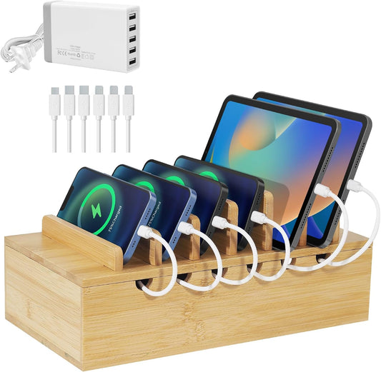 Bamboo Charging Station for Multiple Devices (Includes 5 Port USB Charger, 6 x Charge Cables), Upgrade Desk Docking Stations Organizer for iPhone Devices, Tablets, Laptop Holder Stand