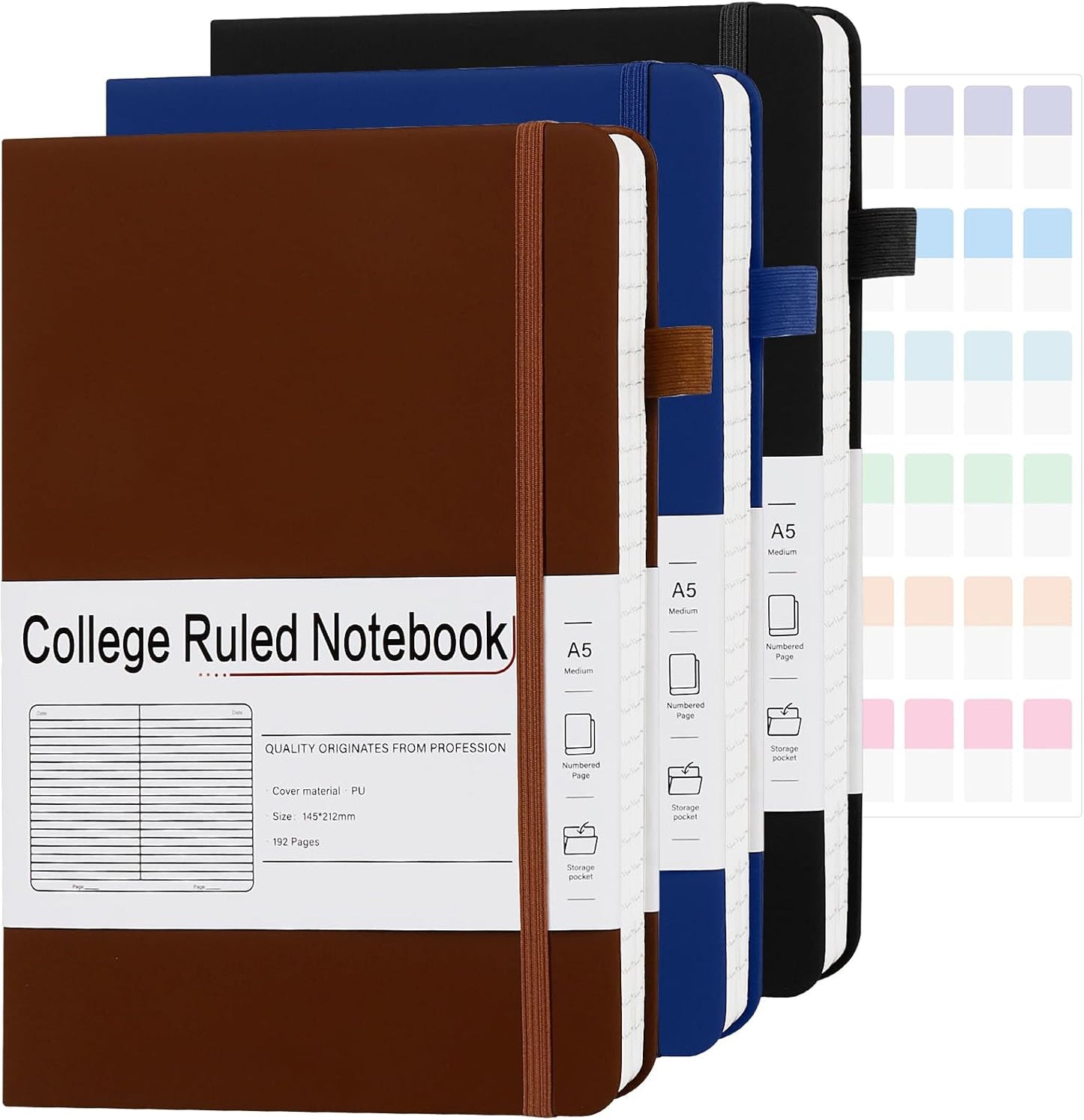 A5 Lined Journal Notebooks for Work, 192 Pages, Medium 5.7 x 8.3inch, College Ruled, Vegan Leather Hardcover Journals for Women Men,3 Pack