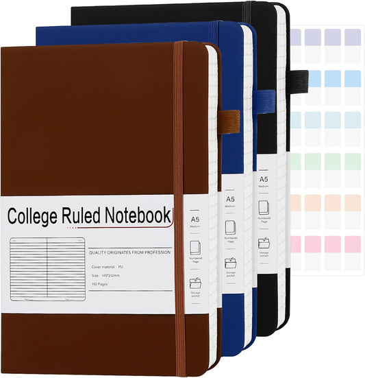 A5 Lined Journal Notebooks for Work, 192 Pages, Medium 5.7 x 8.3inch, College Ruled, Vegan Leather Hardcover Journals for Women Men,3 Pack
