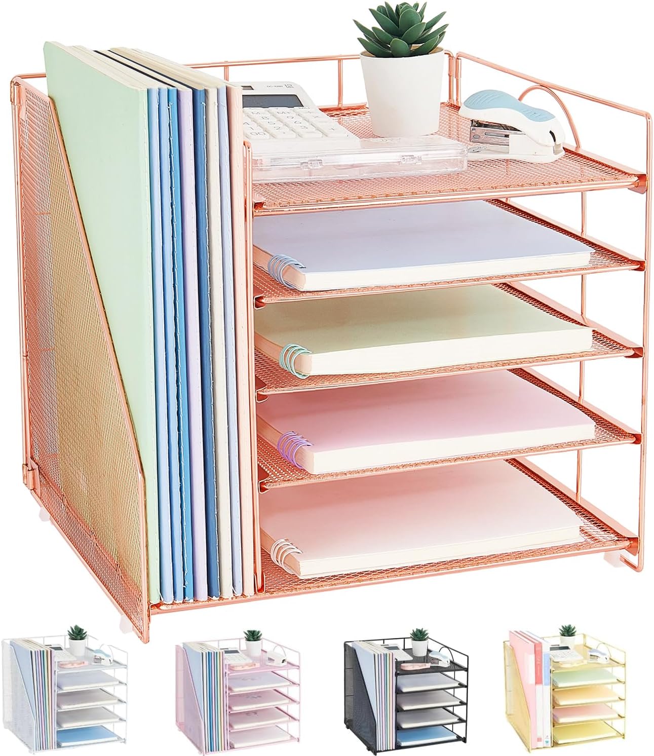Desk Organizers and Accessories, 5-Tier Paper Letter Tray Organizer with File Holder, Desktop Organizer for Office Supplies, Office Desk Accessories & Workspace (Rose Gold)