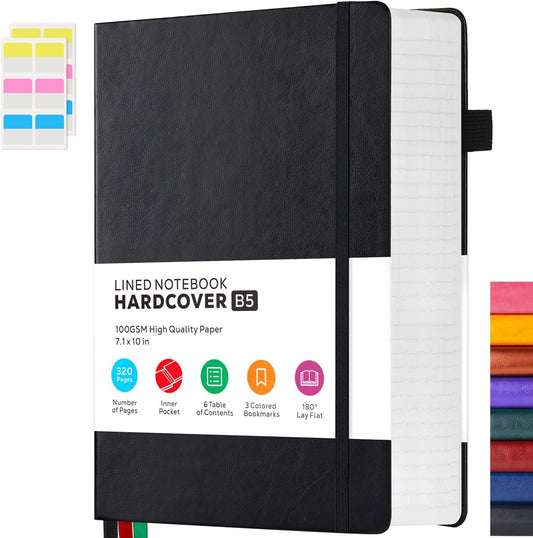 Journal Notebooks College Ruled, Thick Notebook Journal with 100GSM Paper, B5 Large Lined Notebook Journal for Women & Men, 7.1'' X 10'', 320 Pages, Black Leather Notebook