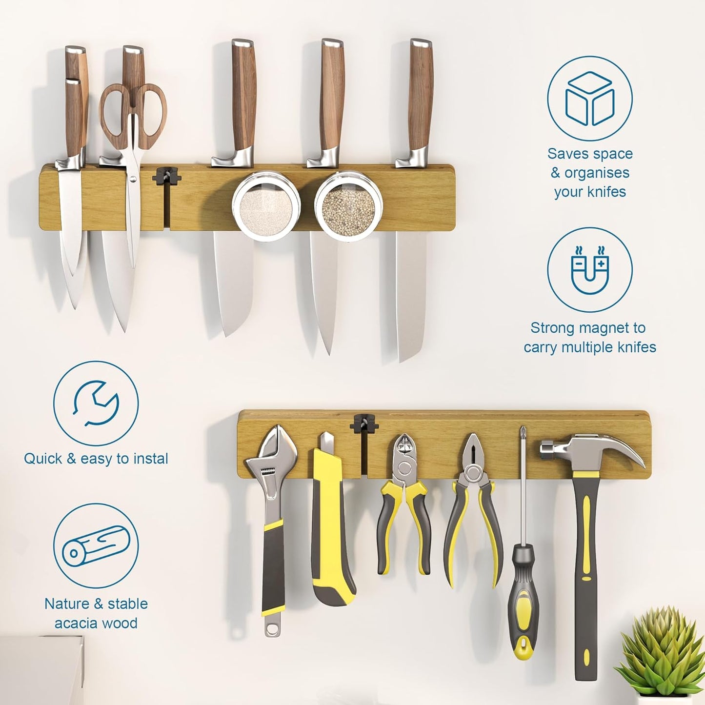 Magnetic Knife Holder for Wall, Acacia Wood Knife Magnetic Strip No Drill Knife Magnet Storage Bar Magnetic Tool Key Holder Strip for Kitchen Utensil Organizer (Light Brown, 16 Inch Large)