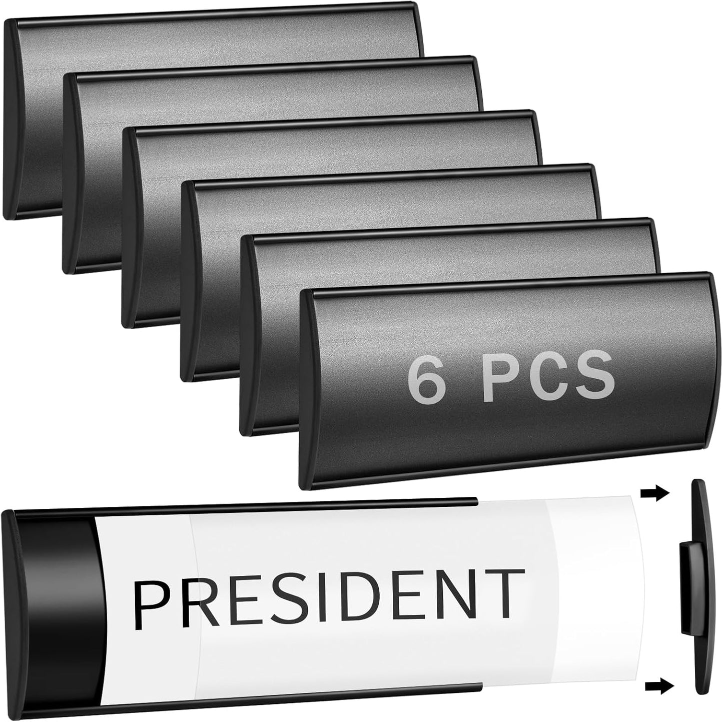 Therwen 6 Pcs Aluminum Office Name Plate Holder for Door Wall Mount 8'' x 3'' Business Sign Holder Office Door Sign Sturdy Curved with Plastic Film and Adhesive Tape (Black)