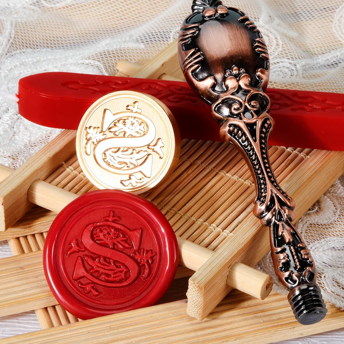 Wax Seal Stamp kit, Envelope Wax Seals DIY Kit - Retro Sealing Wax Candle + Classic Initial Alphabet Seal Wax Seal Stamp Letter S - in Blue Gift Box