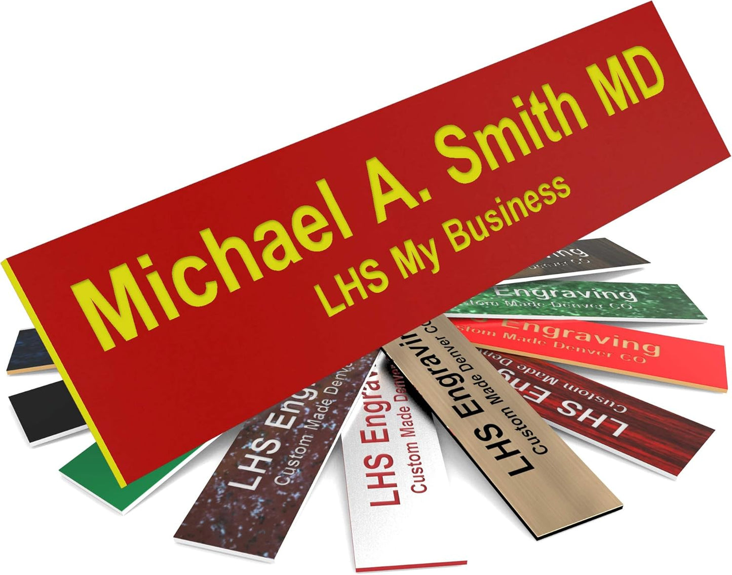 Door Name Plate Personalized for Office Red Plastic Name Plate with Yellow Letters - Made in USA 2x6 B22