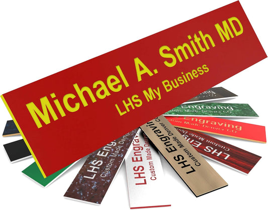 Door Name Plate Personalized for Office Red Plastic Name Plate with Yellow Letters - Made in USA 2x6 B22