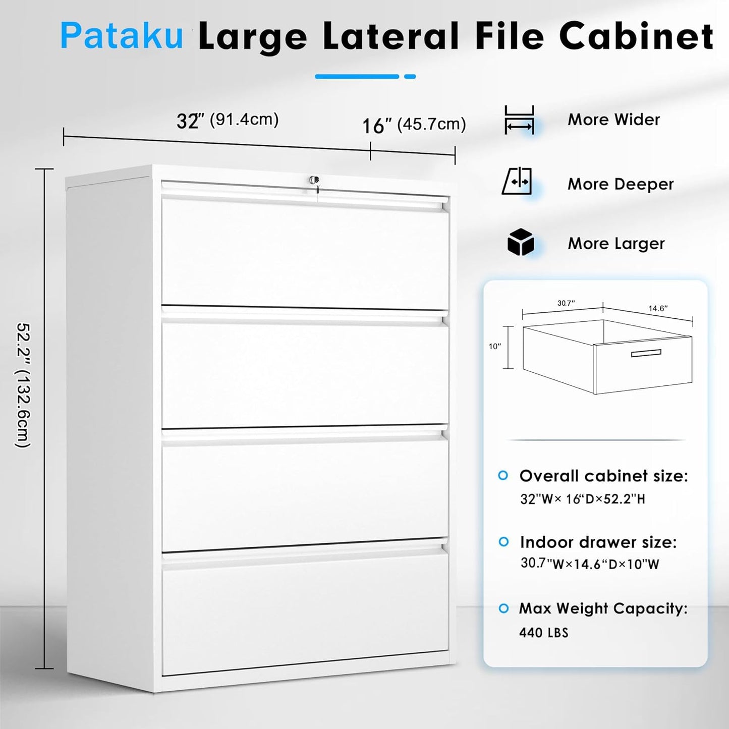 Pataku 4 Drawer File Cabinet with Lock, Metal Lateral File Cabinets for Home Office, Locking Filling Cabinets for Hanging Files Letter/Legal/F4/A4 Size (White)