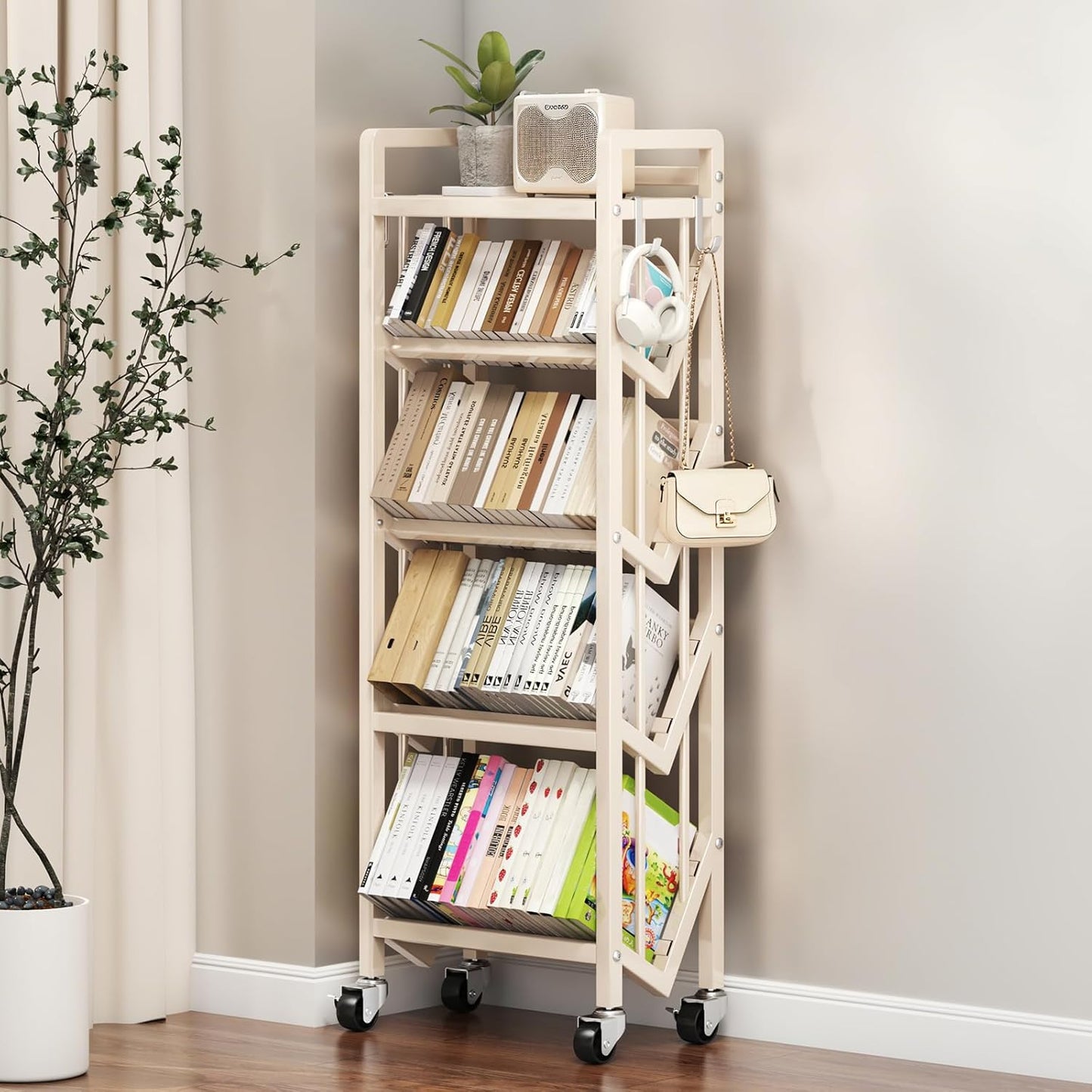 Bookshelf Movable Book Cart Multi-Layer Storage Rack Large-Capacity Rolling Cart L-Shaped Carbon Steel Shelf Suitable for Storing Books, Magazines, Newspapers, Shoes