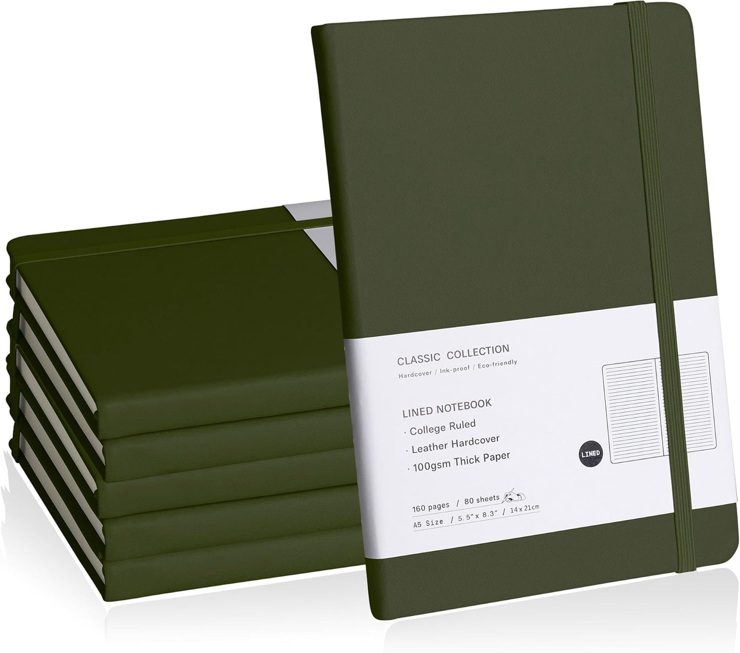Lined Journal Notebook, 6Pack(Olive Green), 160 Pages, Medium 5.7 inches x 8 inches - 100 gsm Thick Paper, Hardcover