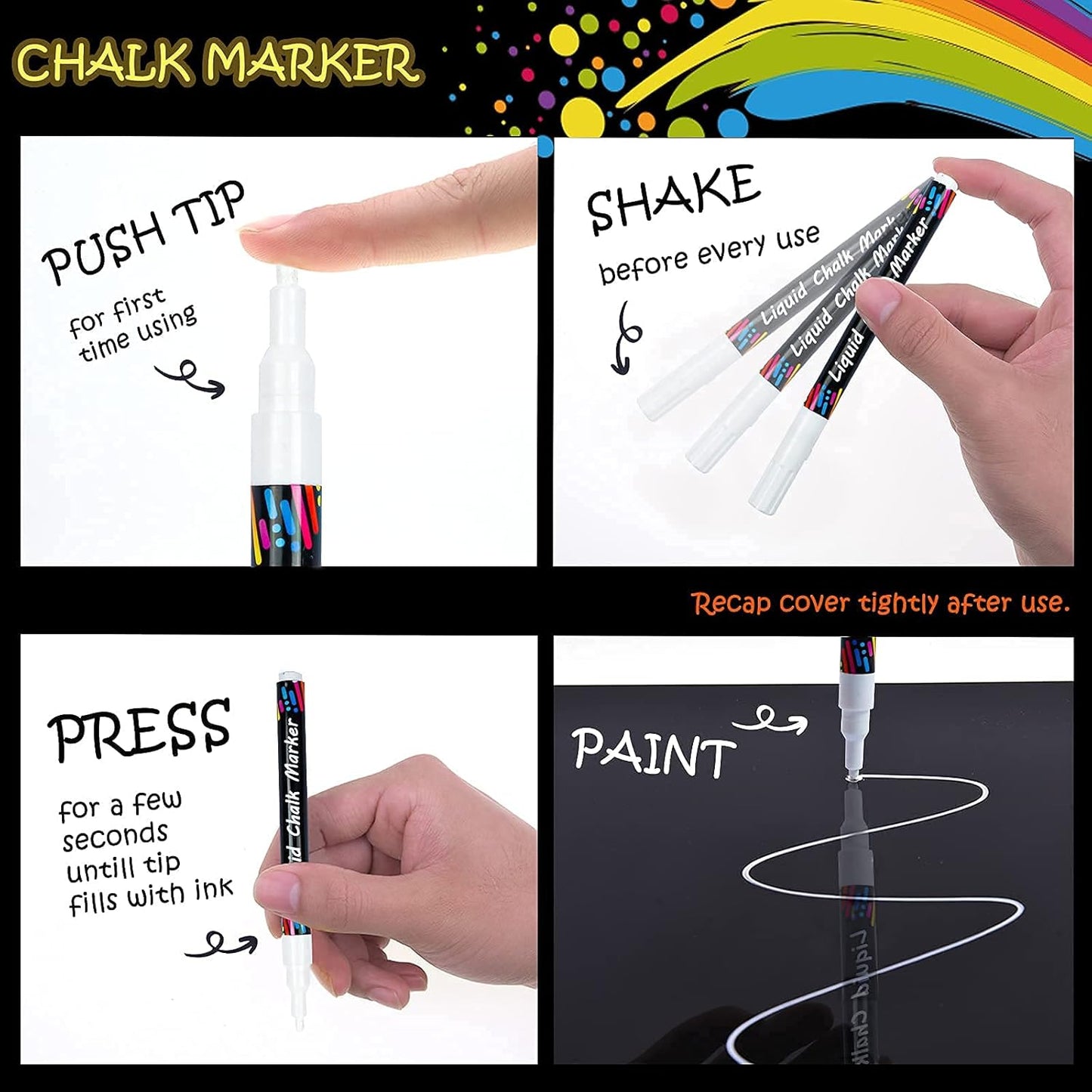White Liquid Chalk Markers Set, Pack of 10 White Chalkboard Paint Pens with 12 Chalkboard Labels, 5 Stickers, Perfect for Chalkboards, Bistro Boards, Glass and Metal