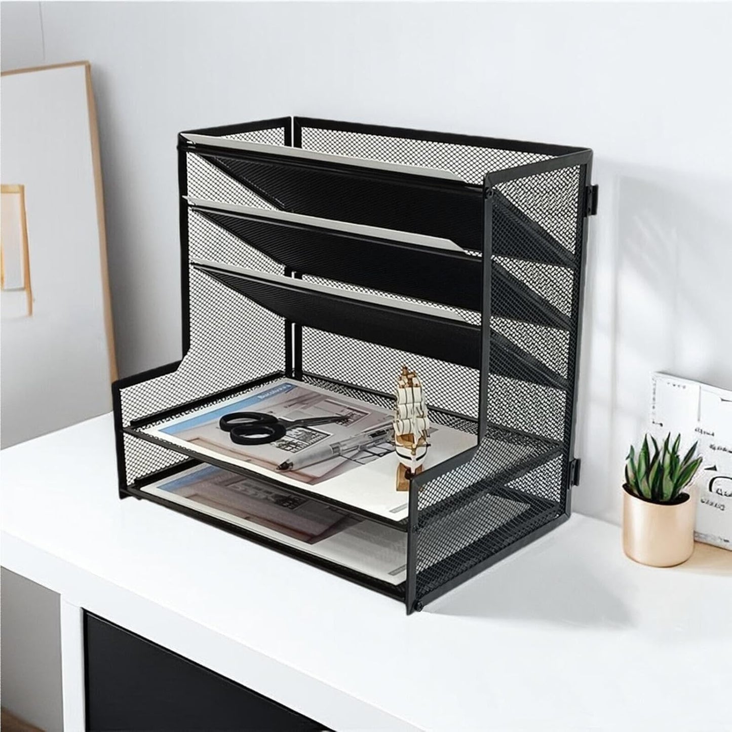 SETTFRFE Office Supplies Desk Organizer,Metal Desktop File Holder Organizer with 5 Tier Paper Tray,Black