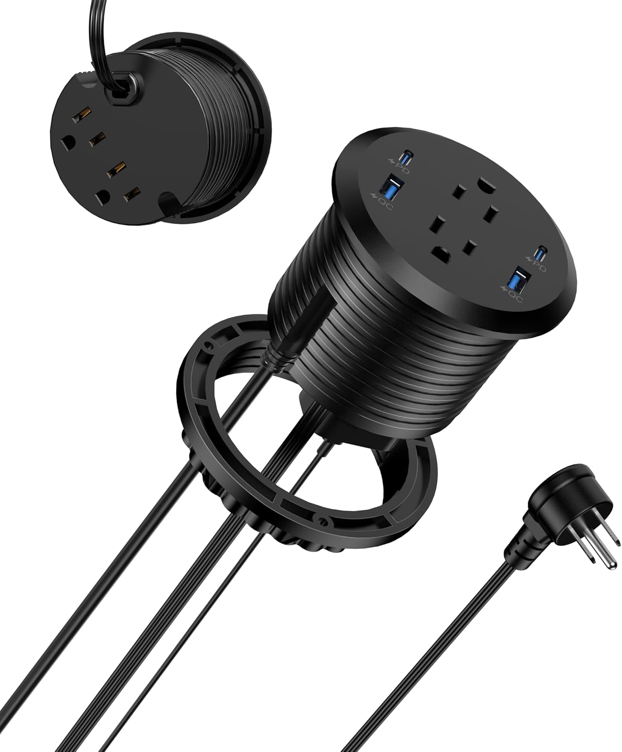 Jgstkcity Power Strip,Flush Mount Recessed Power Grommet,65W USB C Fast Charging,3-Inch Hole, 4 Outlets & 4 Ports, Ideal for Desktop & Countertop Outlet,Dual-Sided (Black, 10FT)