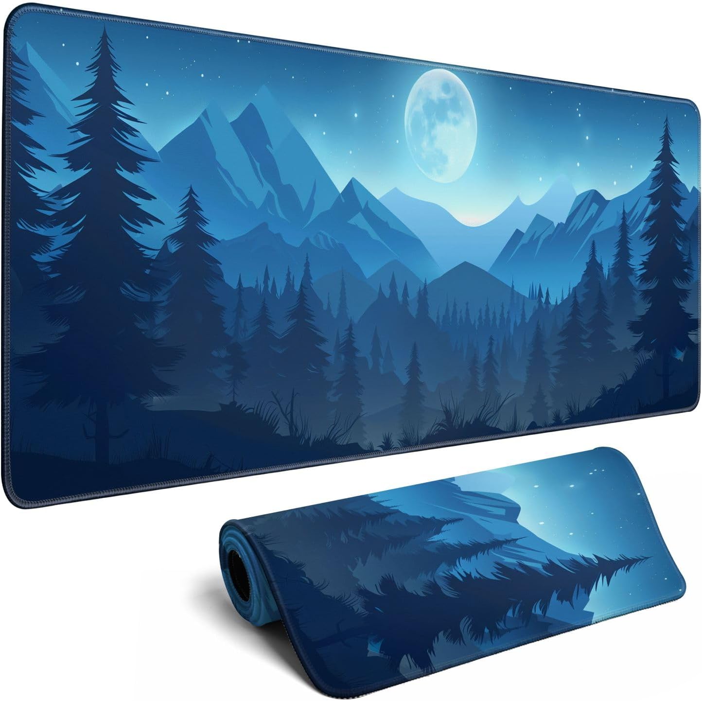 Minimalist Forest Mouse Pad - Dark Blue Night Desk Decor Mat, Moon Large Gaming Mouse Pad for Mountain Desk Computer Keyboard Laptop, Home Office Accessories (31.5x11.8 in)