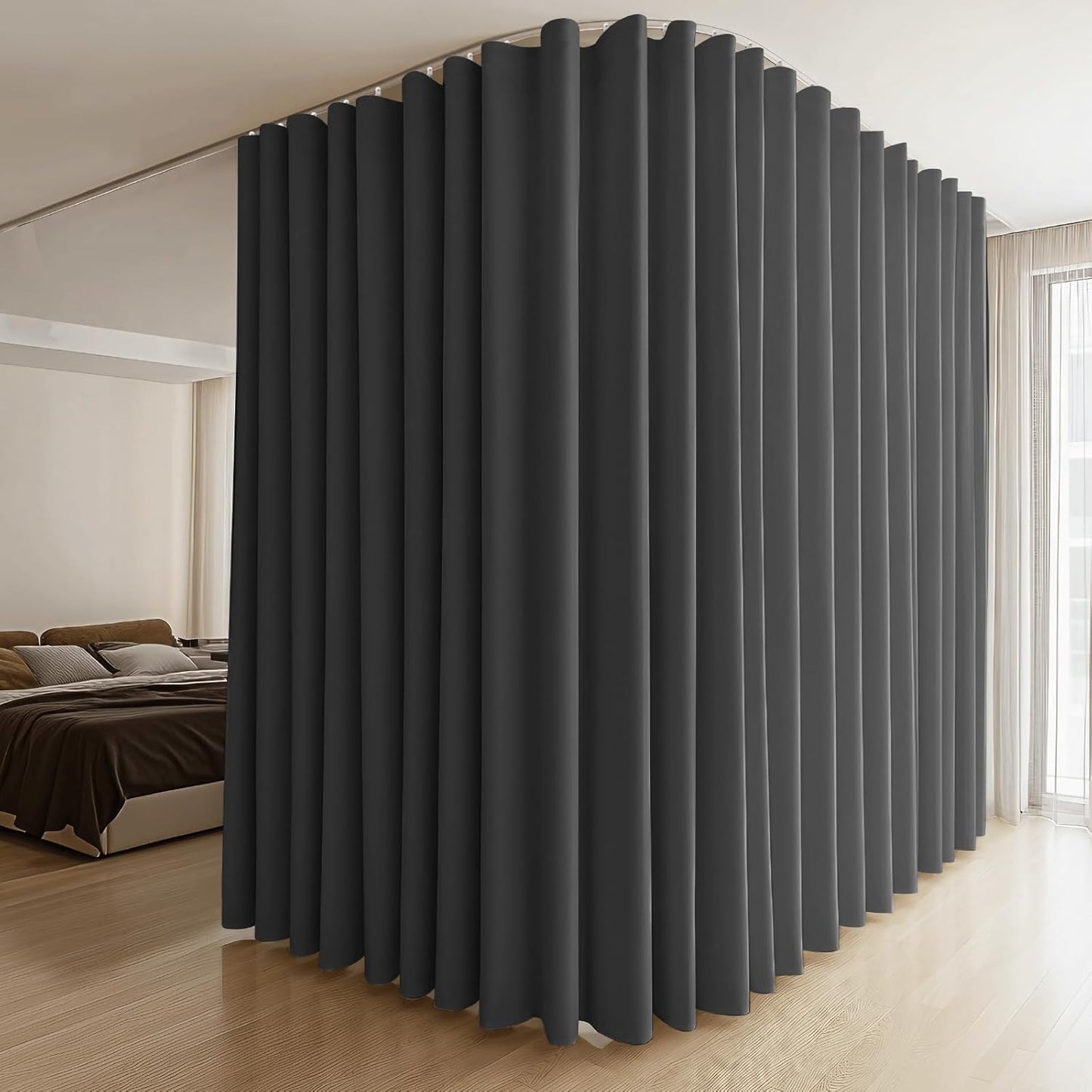 Room Divider Curtains & Flexible Bendable Tracks Set,Privacy Dividers Ceiling Track Curtain Window Blackout Curtains for Living Room Bedroom (W100 × H84 in 1 Panel Black Drape & White Rail)